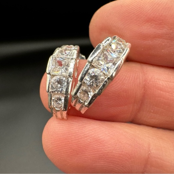 Sparkly Rhodium Plated CZ Half Hoop Huggie Earrings - Pierced - Picture 1 of 12